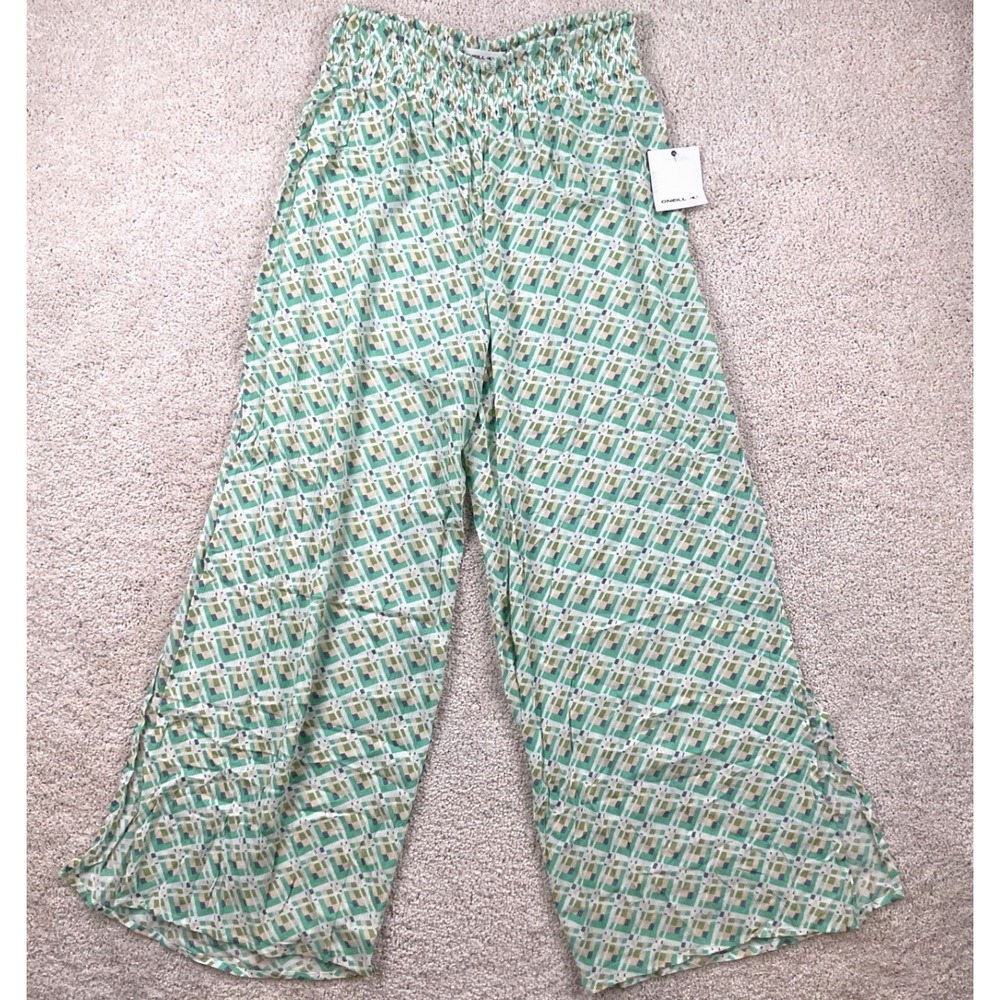 ONeill Pati Pant Green Geometric Smocked Wide Leg Side Slit Pants SP3409007 M